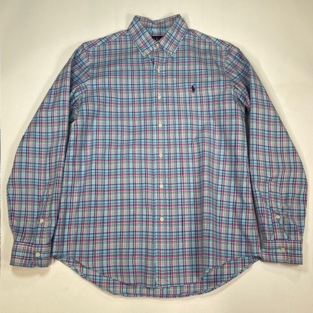 Ralph Lauren Mens Medium Plaid Button Down Shirt Blue Pink Long Sleeve Pony Logo